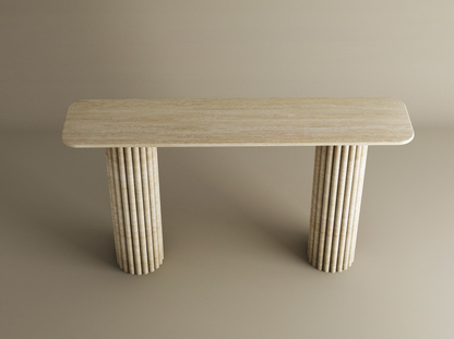 Rectangular Travertine Console Table with Vertical Groove Base – Organic Stone Base – Customizable Console Table