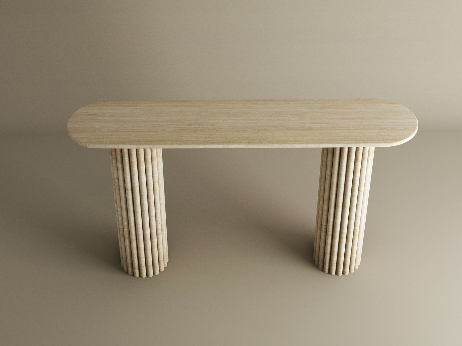 The Ovale Travertine Console Table by TRAVERTABLE features an oval top and two cylindrical, vertically grooved stone bases, creating a sculptural centerpiece against a plain beige backdrop.