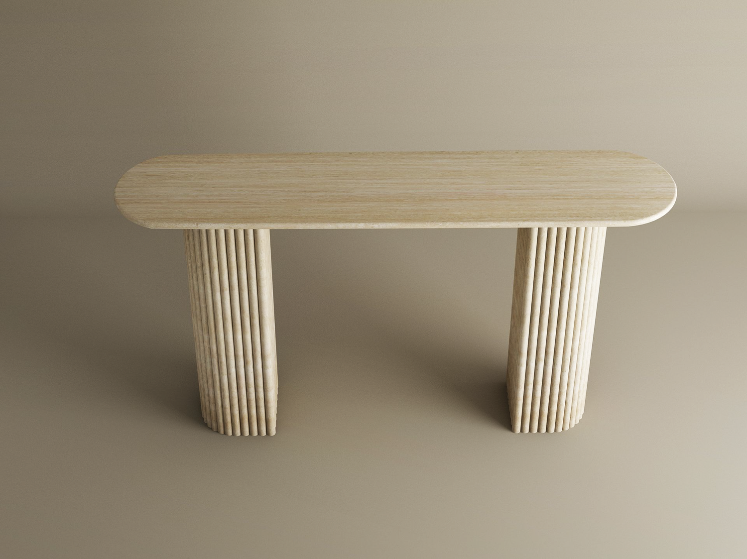 The TRAVERTABLE Ovale Travertine Console Table features a customizable rounded rectangular top and solid fluted cylindrical stone base, blending classical elegance and refined texture against a plain beige backdrop.