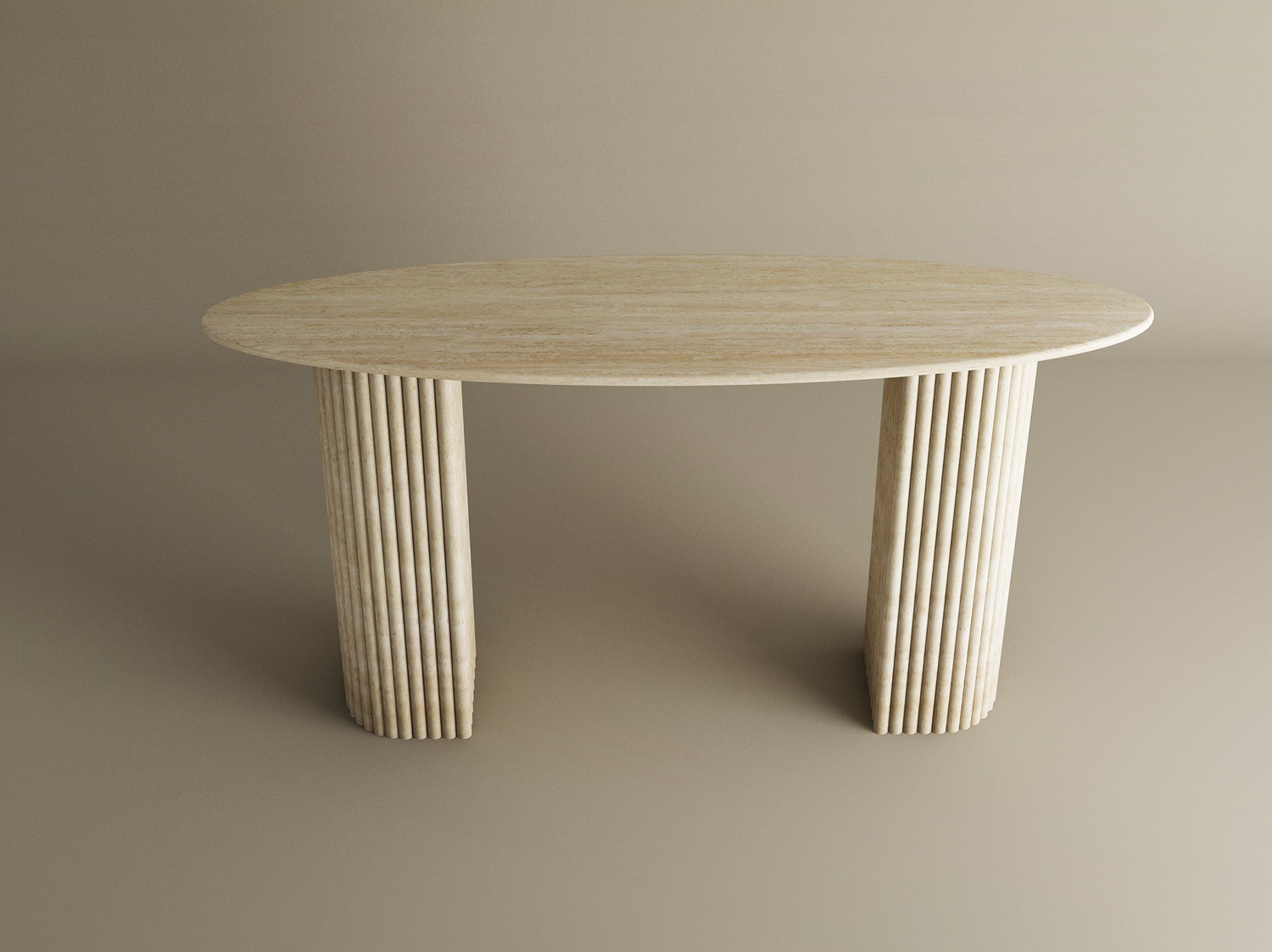 The TRAVERTABLE Ellips Travertine Console Table features a smooth top and two fluted round bases in solid travertine, blending sculptural elegance with minimalist design—refined luxury for any neutral setting.