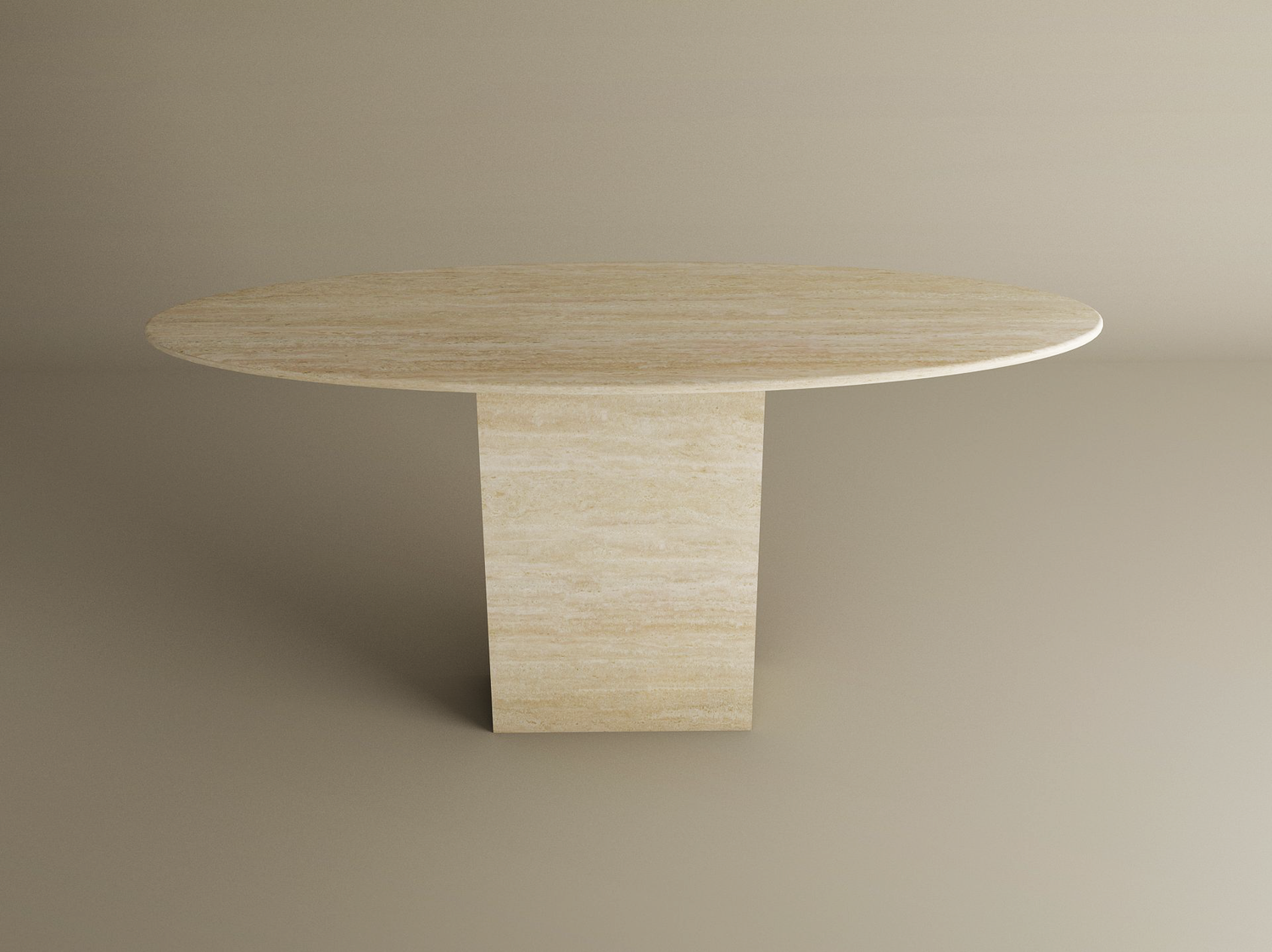 The TRAVERTABLE Ellips Travertine Console Table with Block Base features a light beige natural stone pedestal, blending elegance and modern style, displayed against a plain beige background.