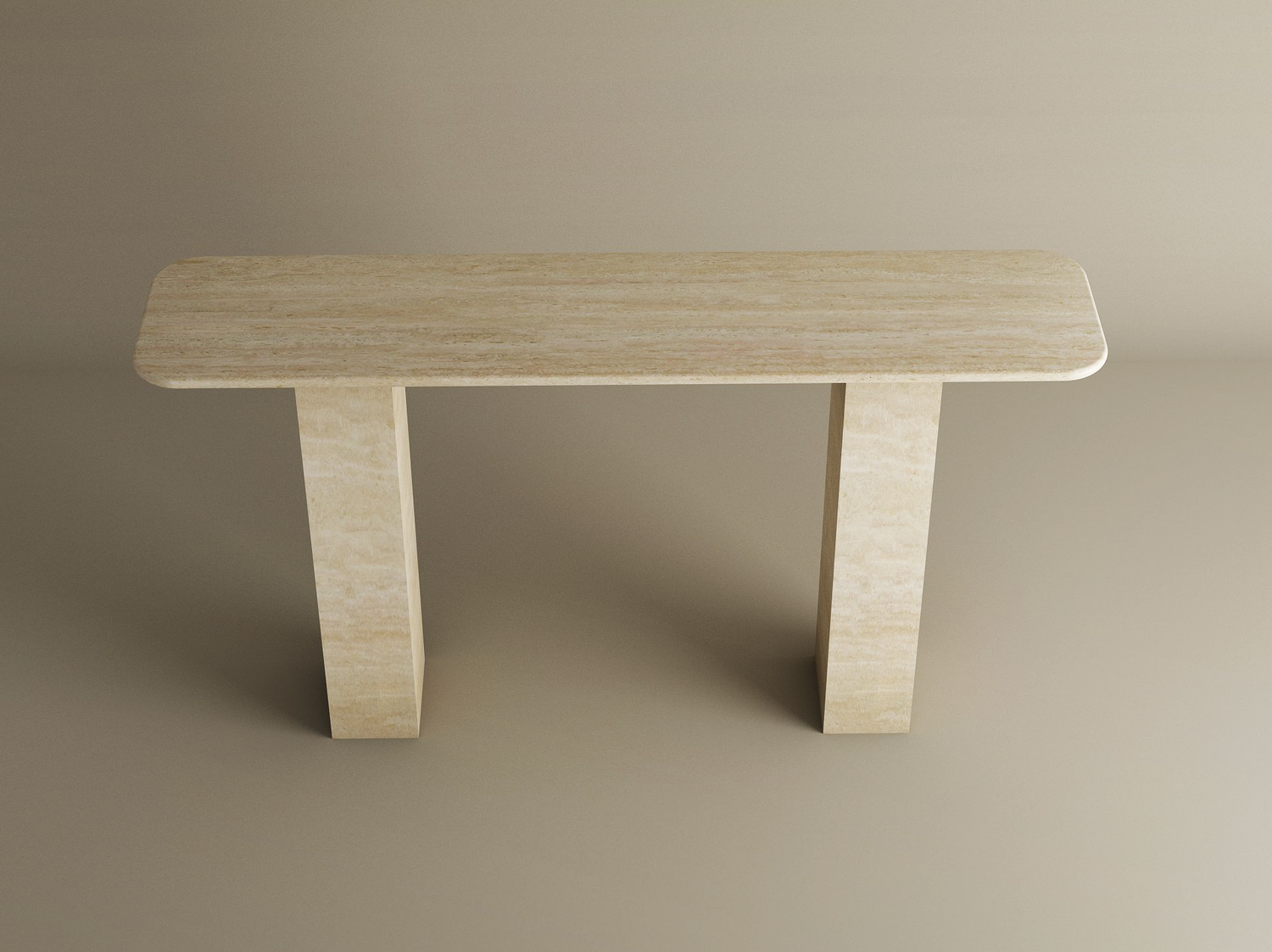 The TRAVERTABLE Rectangular Travertine Console Table features a beige travertine top with rounded corners and a rectangular pedestal stone base, shown from above against a matching beige background.