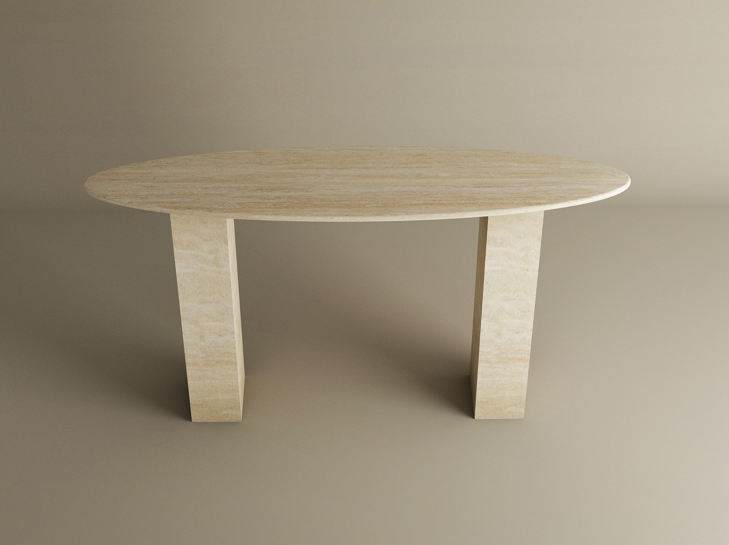 The TRAVERTABLE Ellips Travertine Console Table features sculptural elegance with a travertine stone rectangular pedestal base, shown here against a plain beige background. This customizable console table blends form and function for modern interiors.