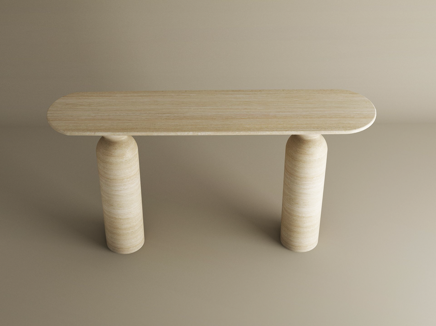 The TRAVERTABLE Ovale Travertine Console Table features a minimalistic, modern design with an organic travertine stone base and sculptural round legs—an elegant statement piece for any neutral space. Customizable to fit your style.