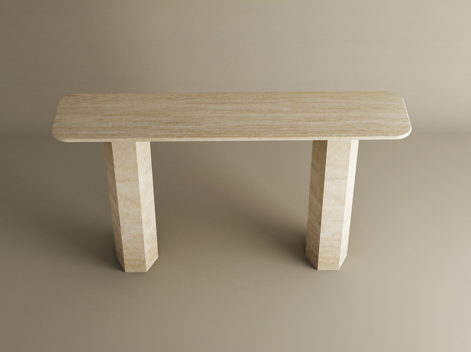 Rectangular Travertine Console Table with Hexagonal Pedestal Base – Organic Stone Base