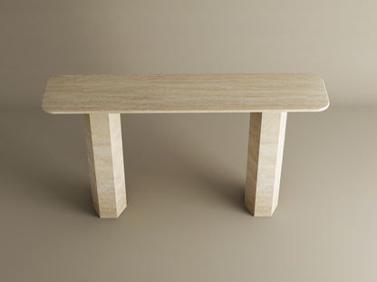 Rectangular Travertine Console Table with Hexagonal Pedestal Base – Organic Stone Base – Customizable Console Table