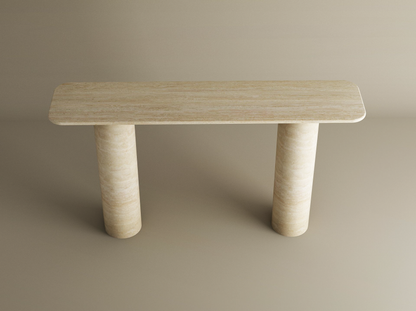 Rectangular Travertine Console Table with Smooth Cylinder Base – Pure Travertine Stone Base – Customizable Console Table