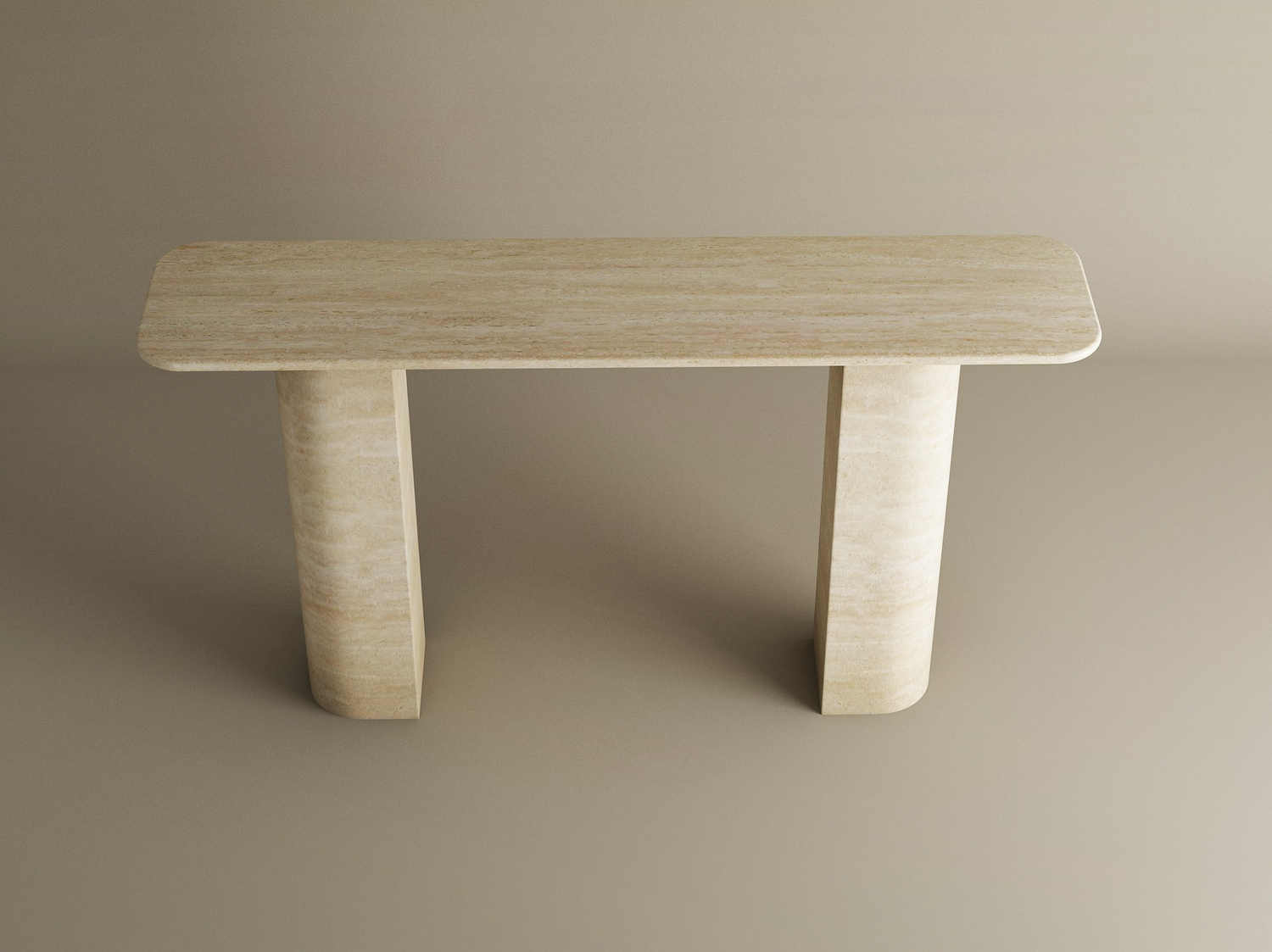 The TRAVERTABLE Rectangular Travertine Console Table features a customizable natural stone top and a sloped pedestal base, offering a minimalist sculptural design perfect against a plain beige background.