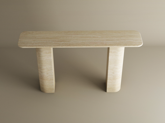 Rectangular Travertine Console Table with Sloped Pedestal Base – Natural Stone Base – Customizable Console Table