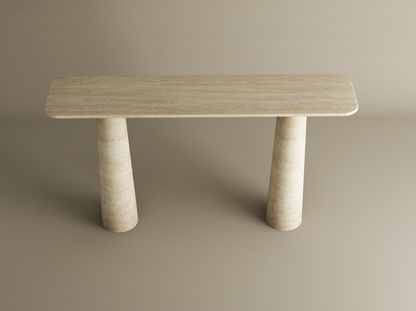 Rectangular Travertine Console Table with Conical Pedestal Base – Organic Travertine Stone Base – Customizable Console Table