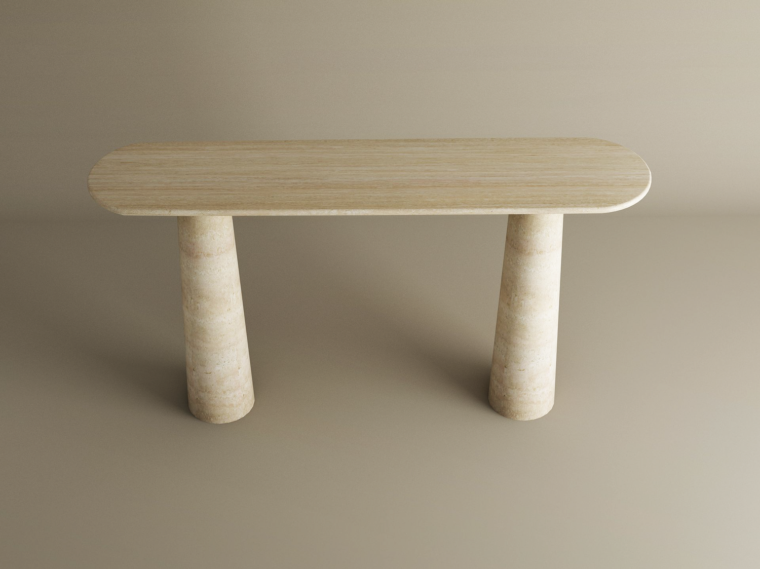 The TRAVERTABLE Ovale Travertine Console Table features an organic travertine stone top and conical pedestal base, exuding sculptural elegance and a marble-like look, perfect for minimalist spaces. Customizable to fit your décor.