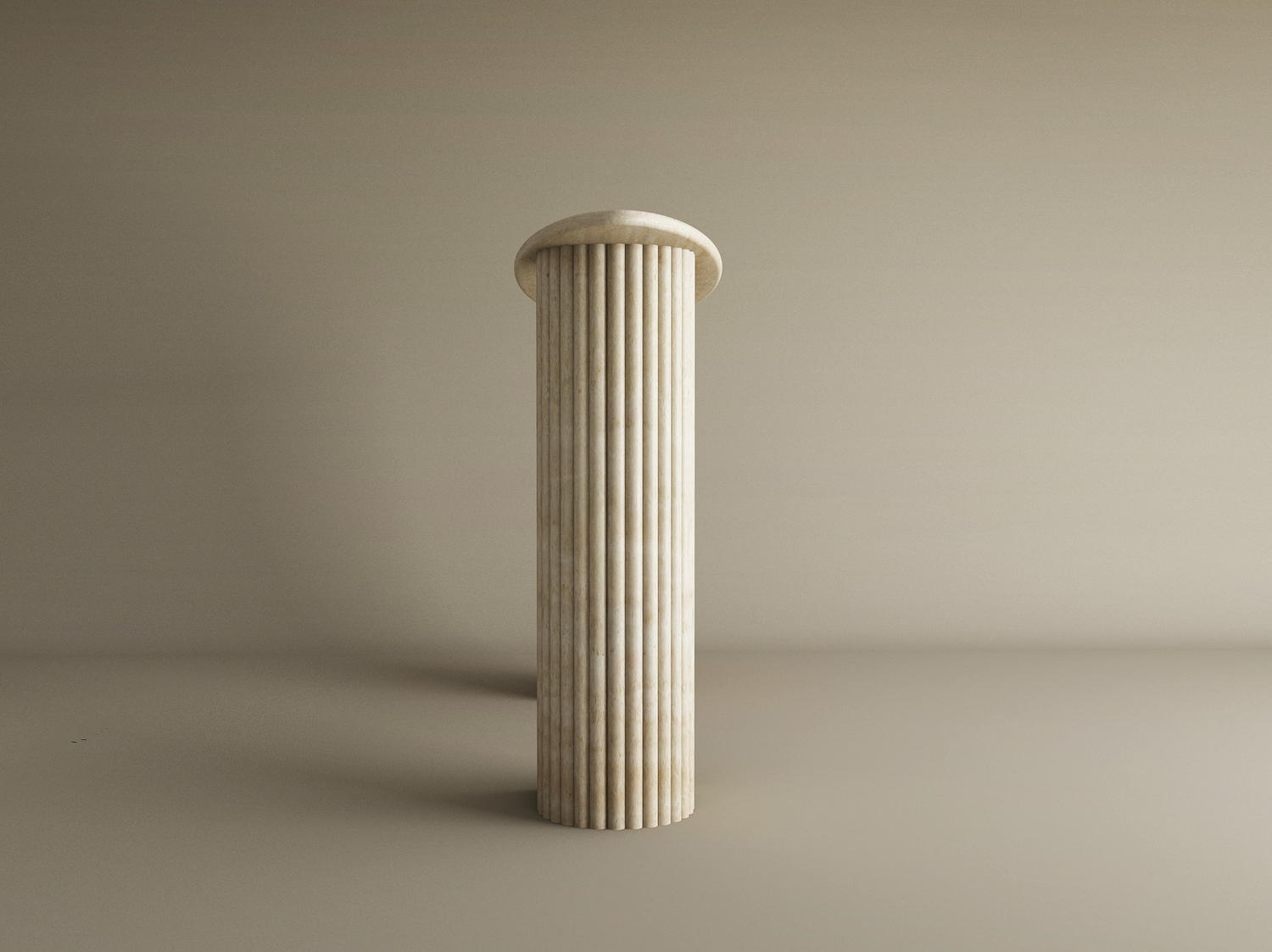 A single beige, fluted column with a rounded capital stands upright against a plain background, evoking the refined luxury of TRAVERTABLE’s Ellips Travertine Console Table with Fluted Round Solid Stone Base. A soft shadow falls to its left.