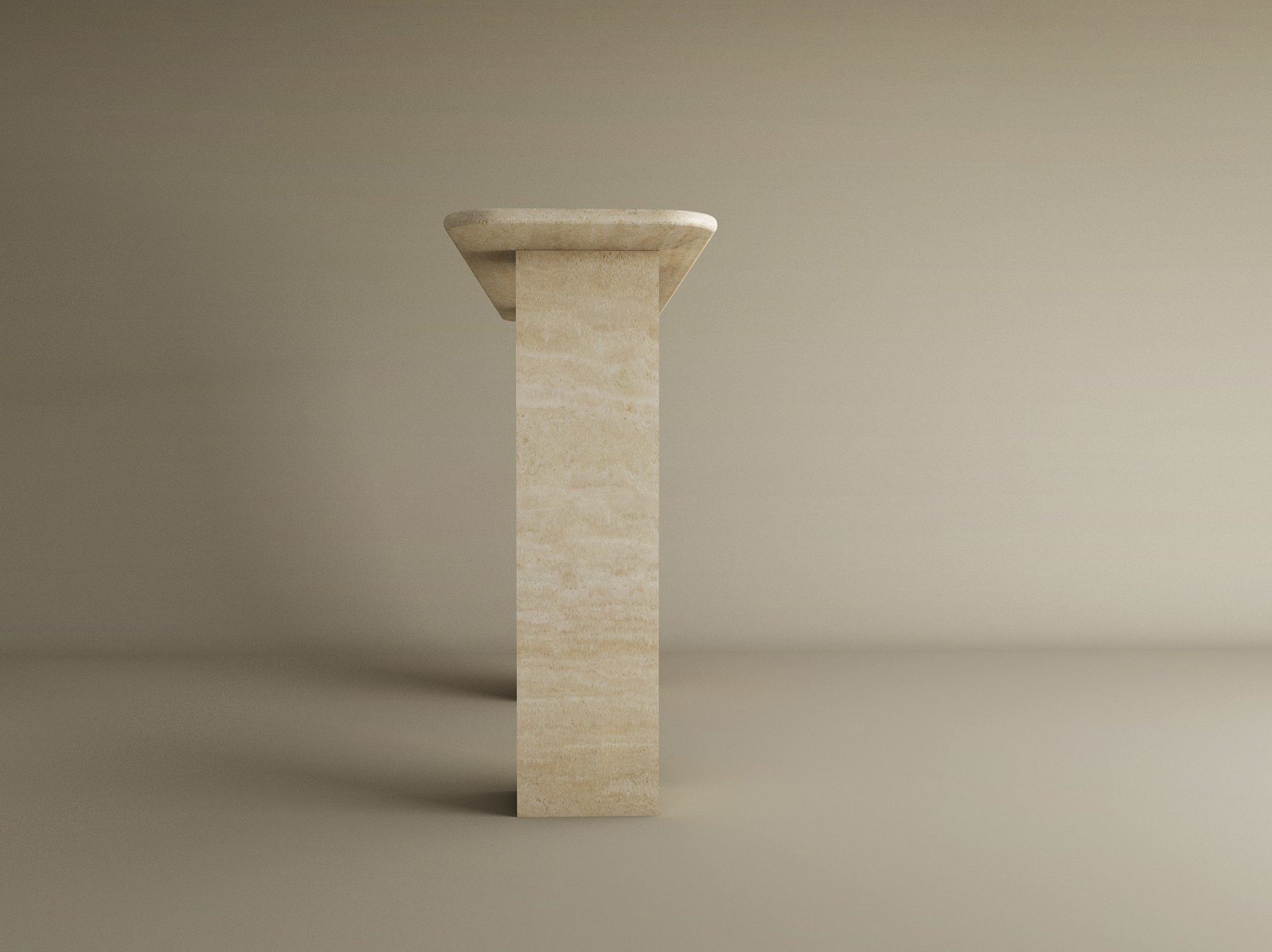 The TRAVERTABLE Rectangular Travertine Console Table features a beige travertine stone pedestal base and wider, softly rounded top, set against a plain light brown background with even lighting. Customization available.