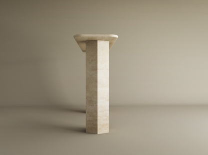 Rectangular Travertine Console Table with Hexagonal Pedestal Base – Organic Stone Base – Customizable Console Table