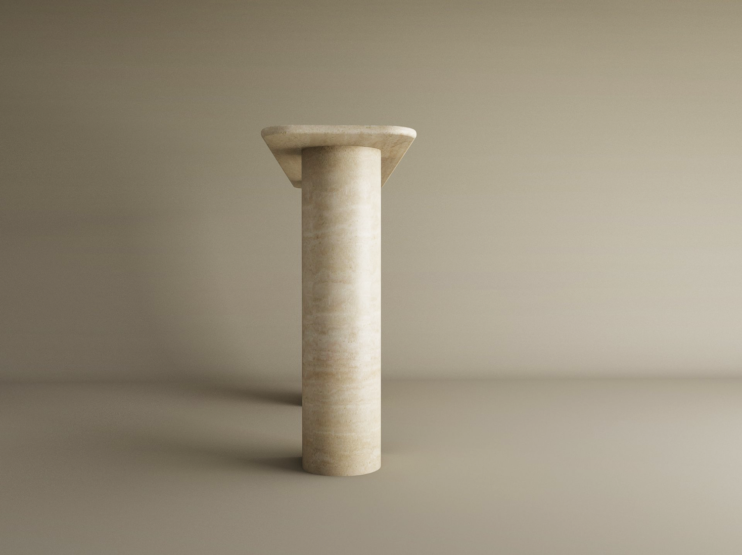 The TRAVERTABLE Rectangular Travertine Console Table features a sloped natural stone pedestal base and flat top, displayed upright against a plain background with soft lighting emphasizing its sculptural, customizable design.