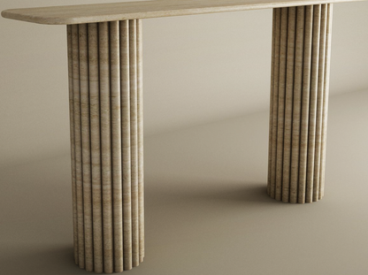 Rectangular Travertine Console Table with Vertical Groove Base – Organic Stone Base – Customizable Console Table