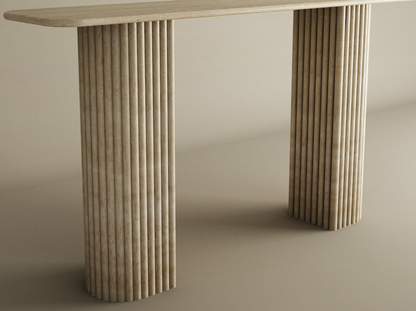 Rectangular Travertine Console Table with Fluted Round Base – Solid Travertine Stone Base – Customizable Console Table