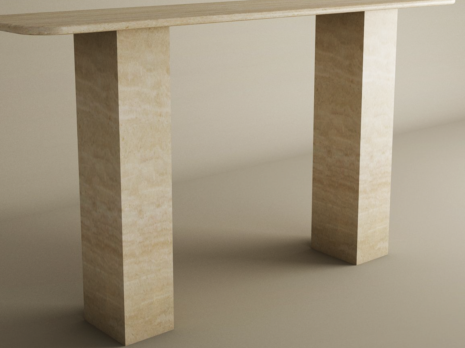 The TRAVERTABLE Rectangular Travertine Console Table features a beige travertine top and two thick rectangular stone pedestal bases, blending seamlessly with neutral walls and floors. Customizable for your space.