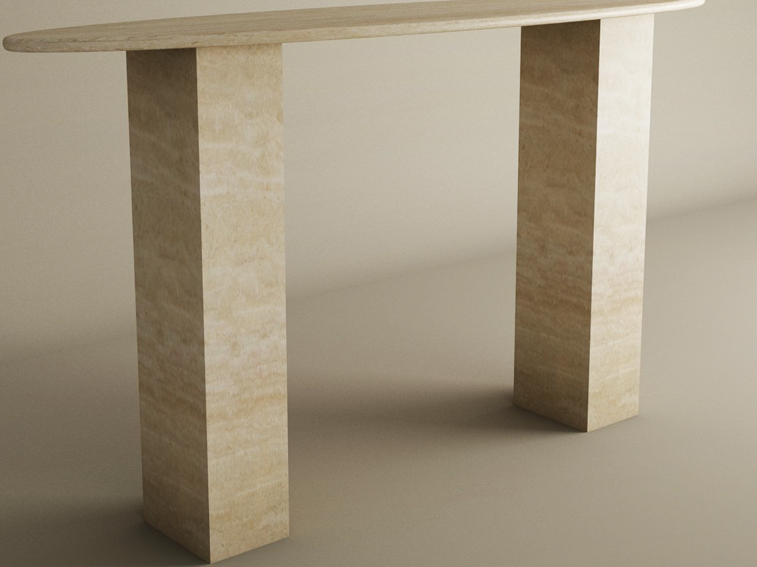 The TRAVERTABLE Ellips Travertine Console Table features an oval tabletop and two rectangular pedestal bases, all crafted from light beige travertine stone with subtle natural patterns. Customizable for your space, it embodies sculptural elegance.