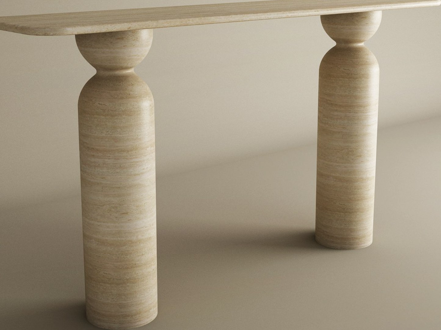 Rectangular Travertine Console Table with Sculptural Round Base – Organic Travertine Stone Base – Customizable Console Table