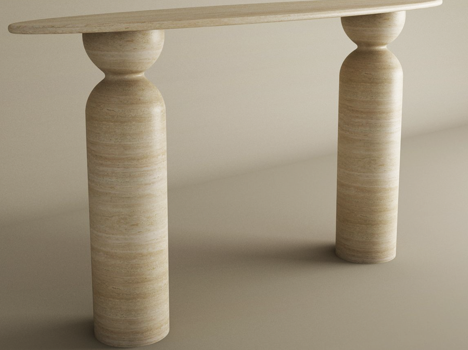 Ellips Travertine Console Table with Sculptural Round Base – Organic Travertine Stone Base