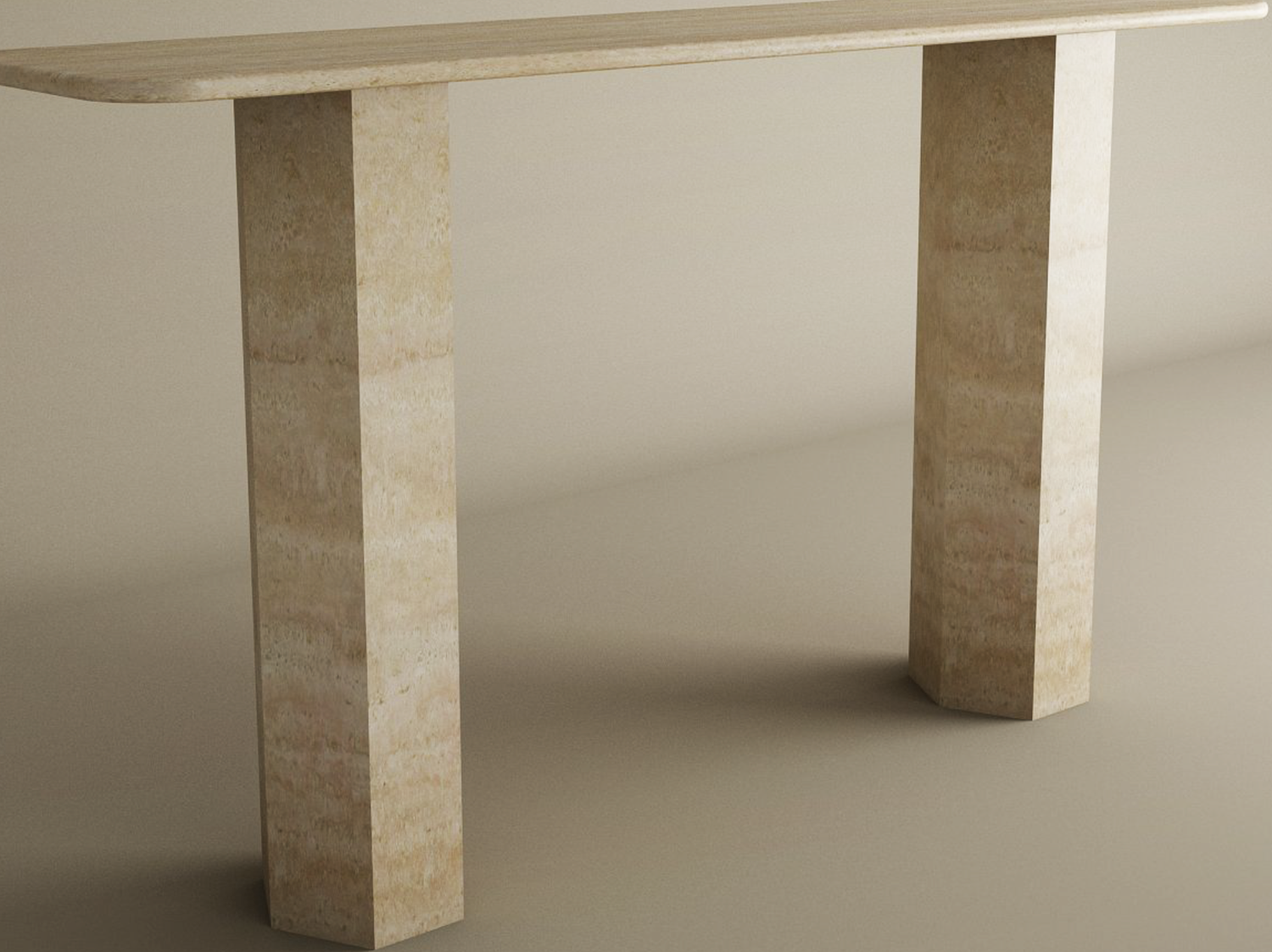 Rectangular Travertine Console Table with Hexagonal Pedestal Base – Organic Stone Base