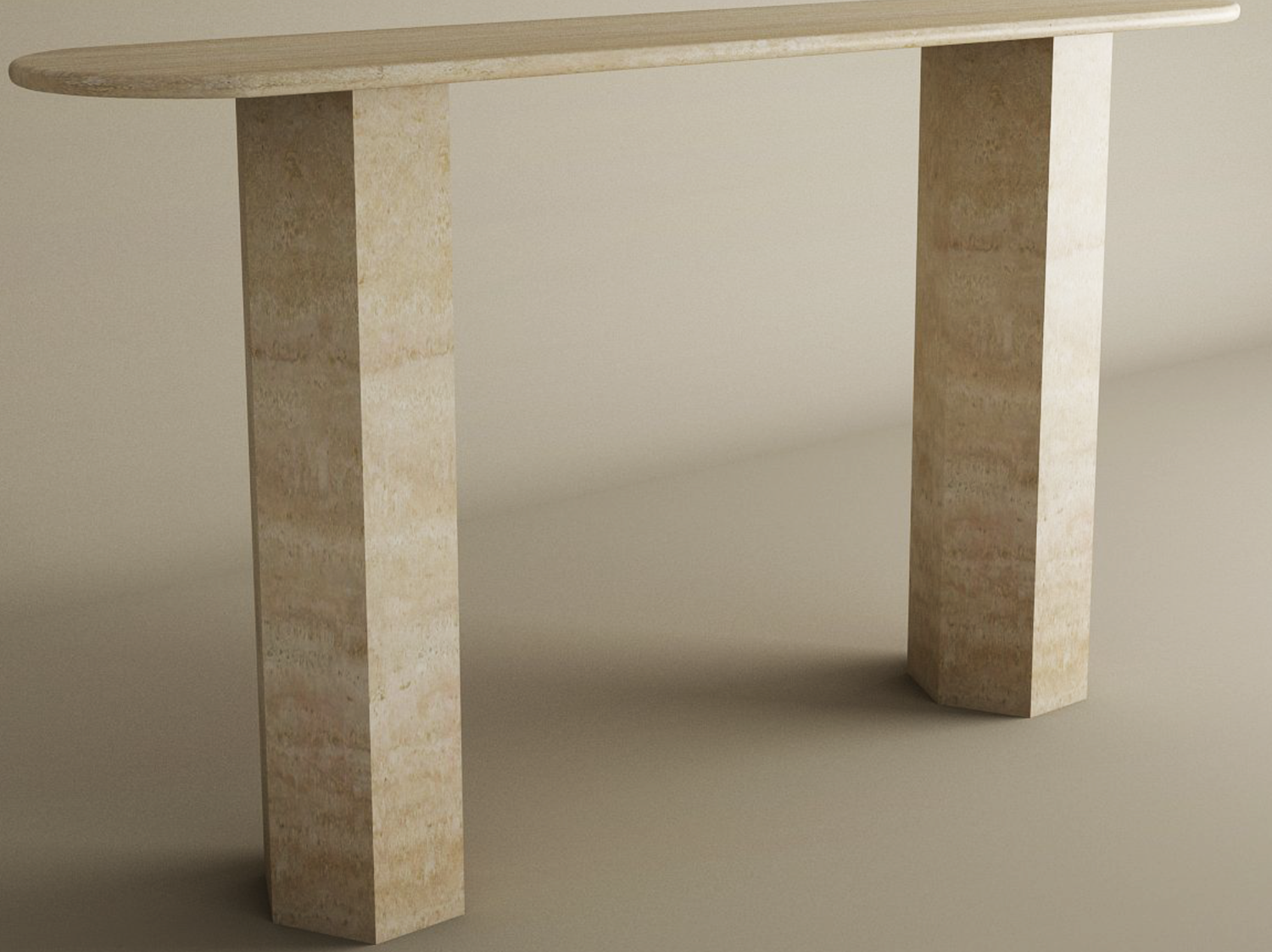 Ovale Travertine Console Table with Hexagonal Pedestal Base – Organic Stone Base