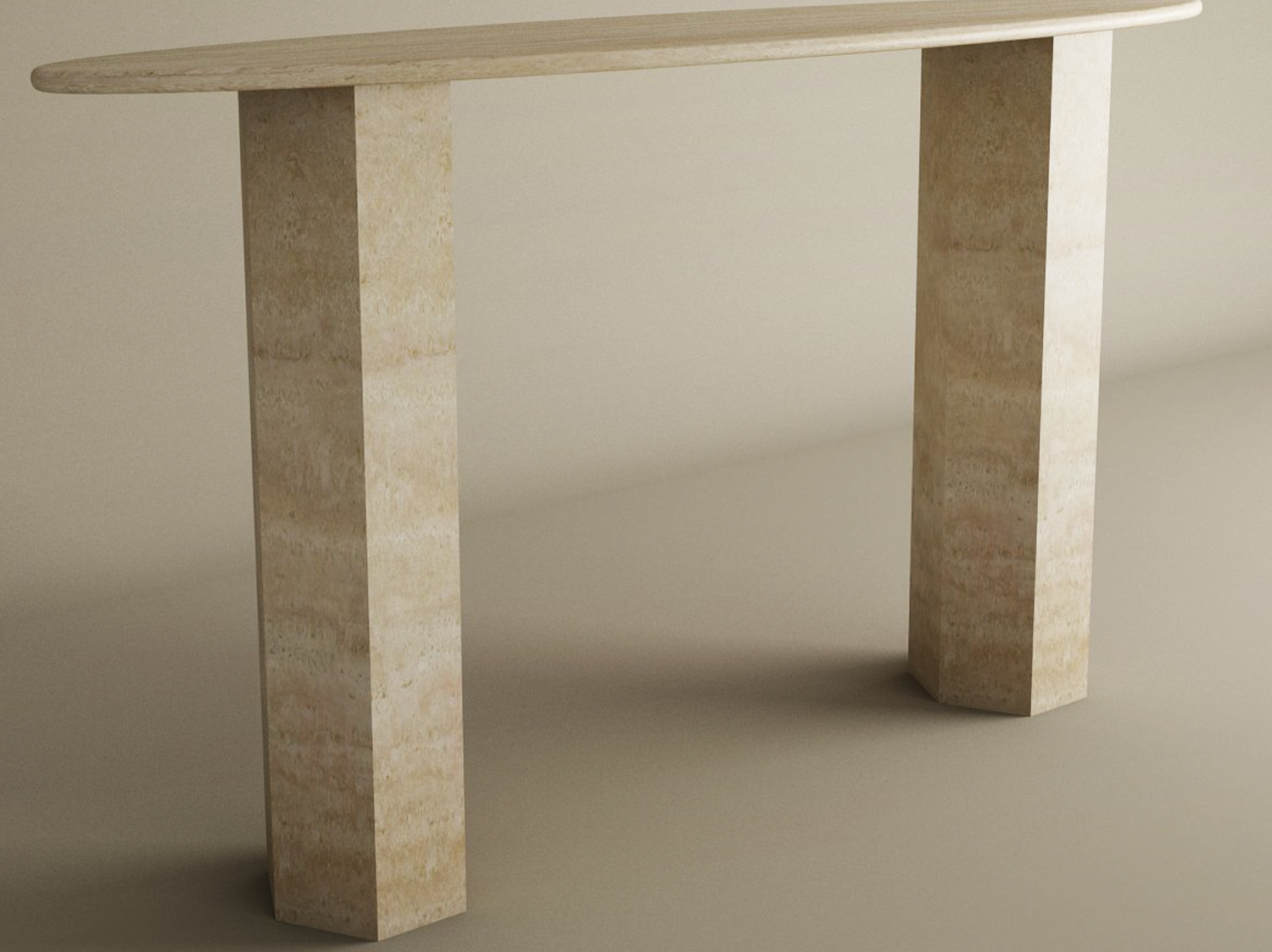Ellips Travertine Console Table with Hexagonal Pedestal Base – Organic Stone Base