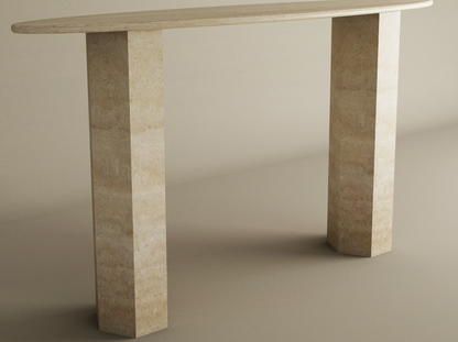 Ellips Travertine Console Table with Hexagonal Pedestal Base – Organic Stone Base – Customizable Console Table