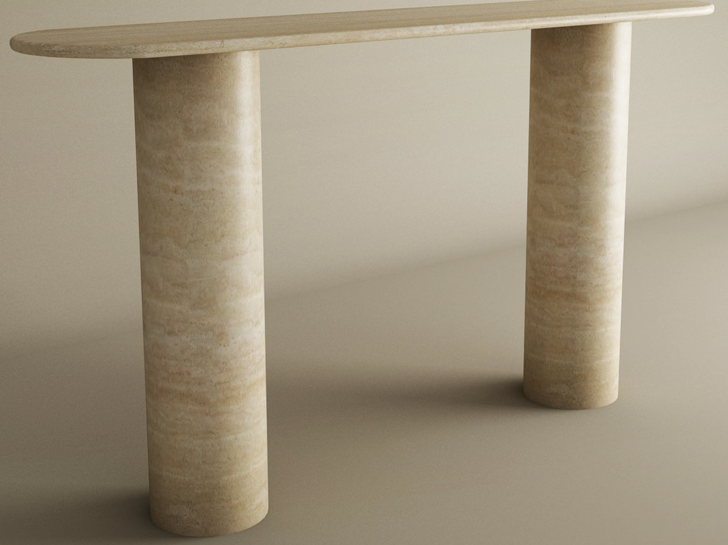 The Ovale Travertine Console Table by TRAVERTABLE features a pure travertine stone base with smooth cylindrical legs and an elongated oval top, offering customizable modern elegance to any space.