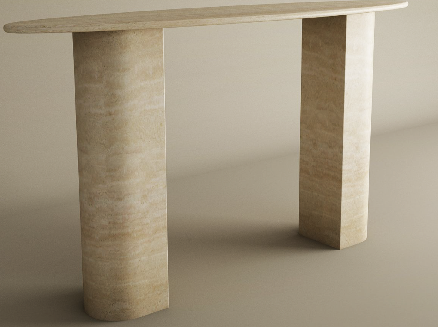 Ellips Travertine Console Table with Sloped Pedestal Base – Natural Stone Base – Customizable Console Table