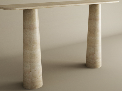 Rectangular Travertine Console Table with Conical Pedestal Base – Organic Travertine Stone Base – Customizable Console Table