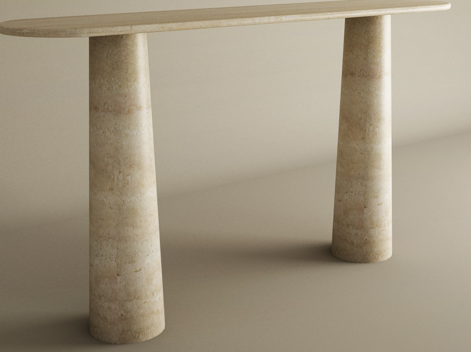 The TRAVERTABLE Ovale Travertine Console Table features sculptural elegance with an oval travertine top and conical stone pedestal base, customizable for your space—all set against a beige backdrop.