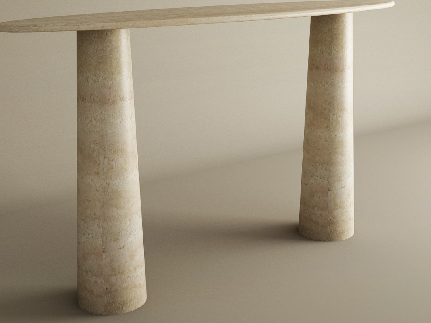 Ellips Travertine Console Table with Conical Pedestal Base – Organic Travertine Stone Base