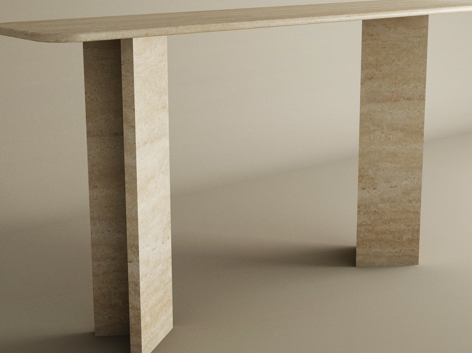 The TRAVERTABLE Rectangular Travertine Console Table features a minimalist, modern silhouette with a Split-V travertine stone pedestal base, set against a matching background. Customizable for your space.