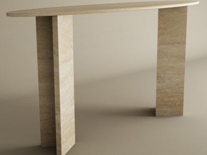 Ellips Travertine Console Table with Split-V Pedestal Base – Travertine Stone Base – Customizable Console Table