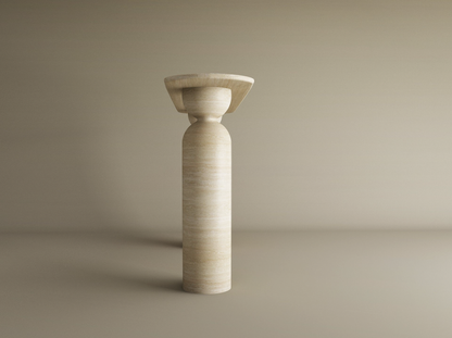 The Ovale Travertine Console Table by TRAVERTABLE features a sculptural round base, rounded midsection, and wide flat top in organic travertine stone. This abstract beige-toned statement piece stands upright against a neutral background. Customizable design.