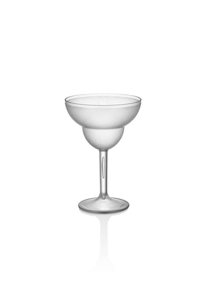 A classic, frosted martini glass from the Mamaco Home Unbreakable Margarita Glass Kit sits centered on a white background, showcasing its smooth, curved shape and long stem. Despite its durable design, it maintains transparency for a subtle light reflection.