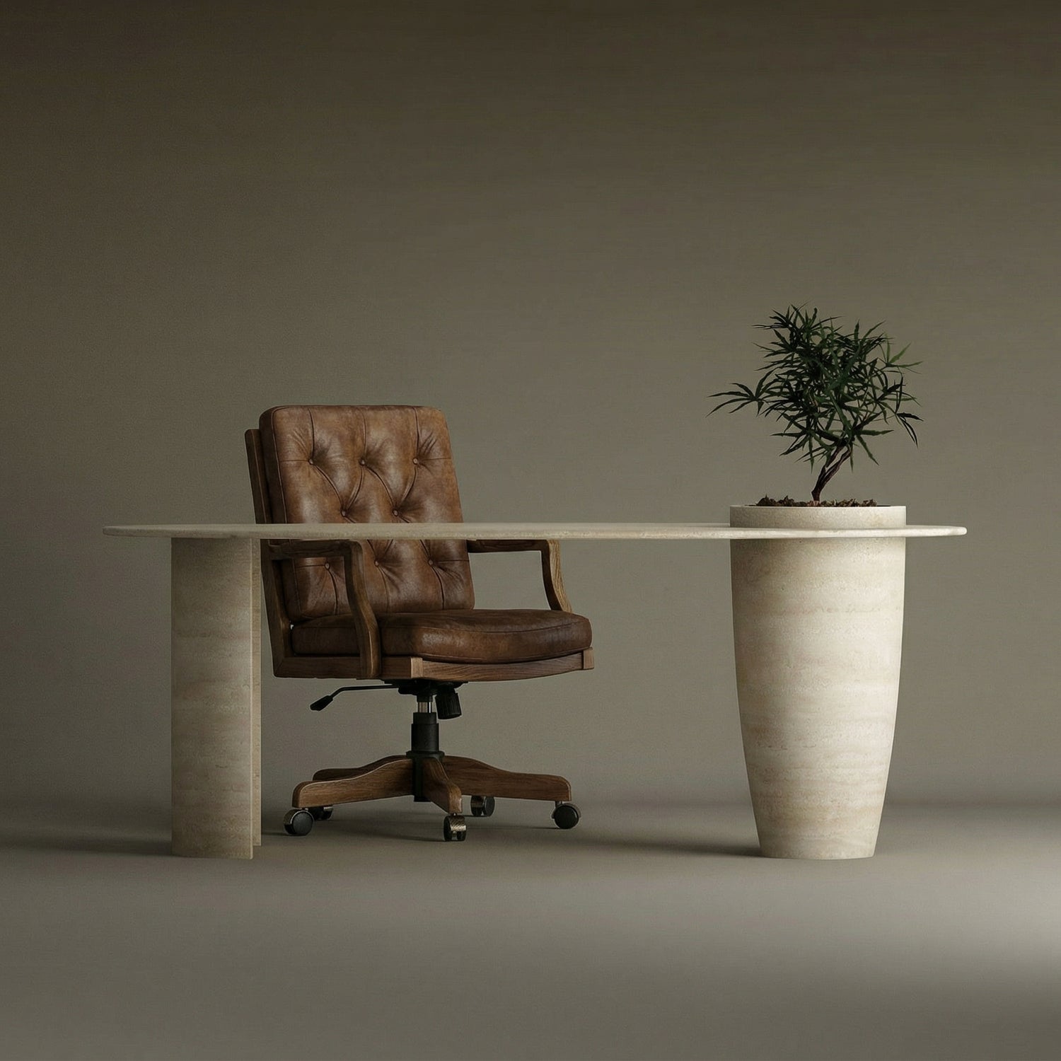 Versatile Travertine Office and Dining Table with Built-in Vase