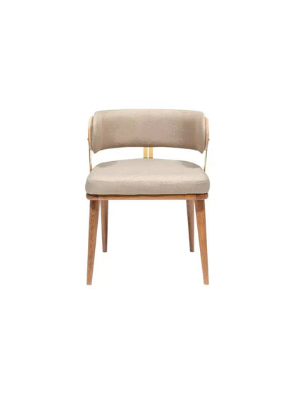 The Travertable Mid-Century Modern Walnut and Brass Chair features a beige cushioned seat and backrest with an open space design, supported by wooden legs. Its perfect for adding elegance to your home decor and is displayed against a plain white background.