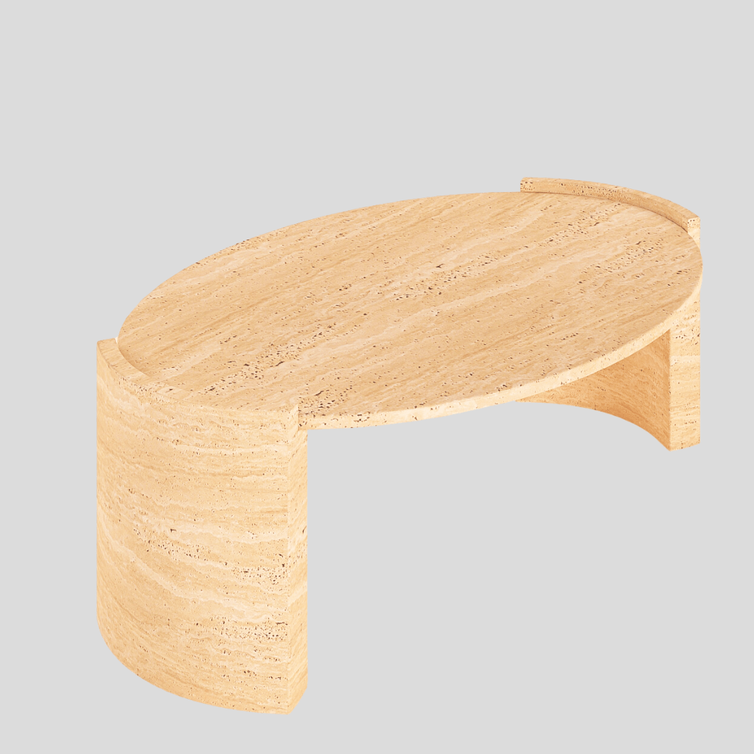 oval shape travertine coffee table front view