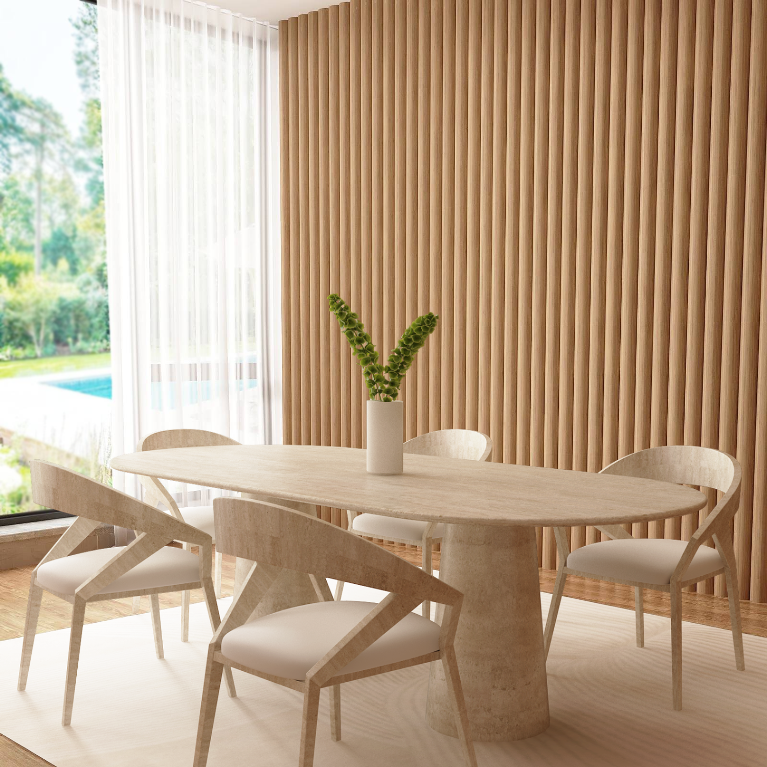 A modern dining room features the TRAVERTABLE Oval Travertine Dining Table with a conical organic stone base, four matching chairs, a tall vase with green stems, wood slat accent wall, white area rug, floor-to-ceiling windows, and abundant natural light.