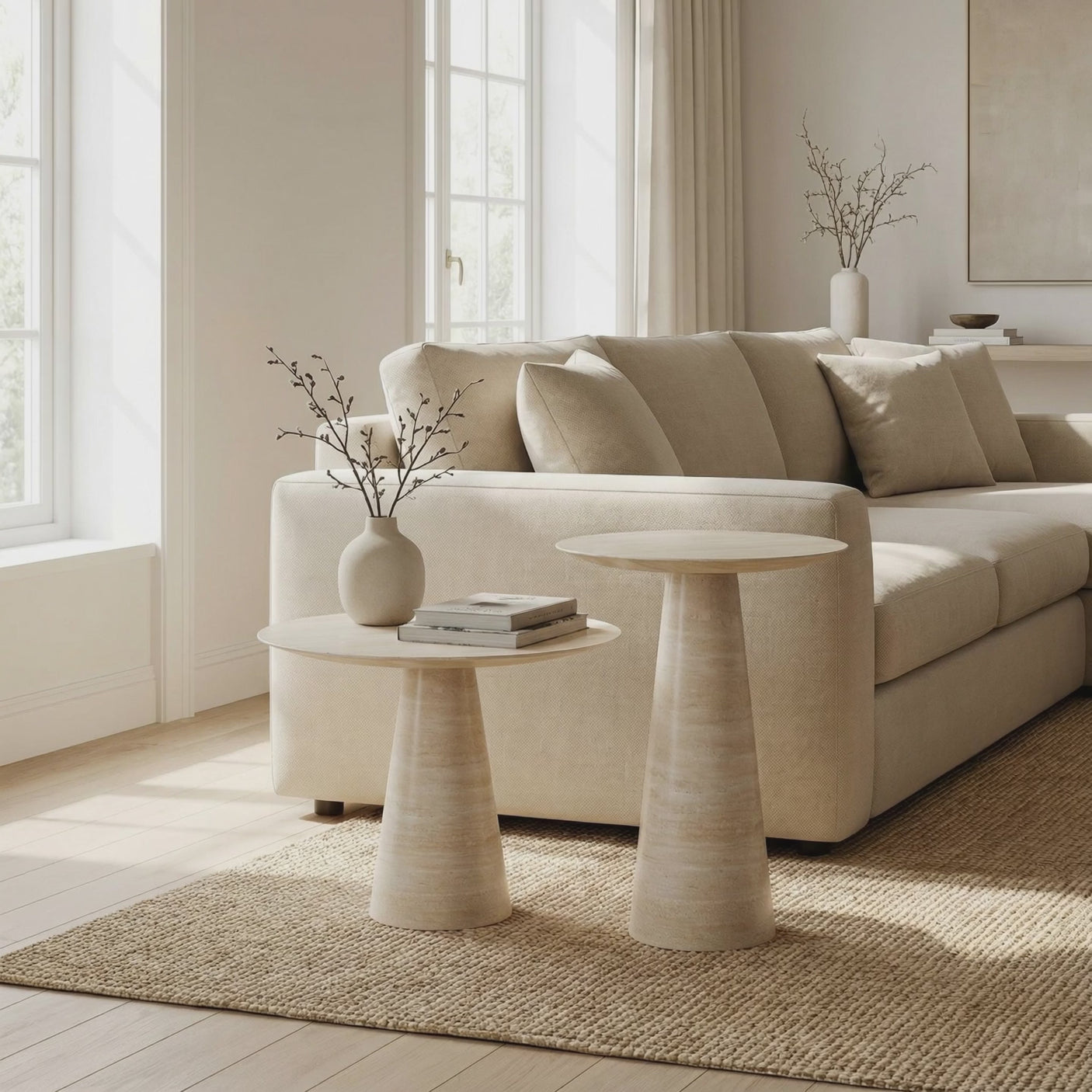 Twin Pillars Travertine Side Table Set – Architectural Balance in Natural Stone