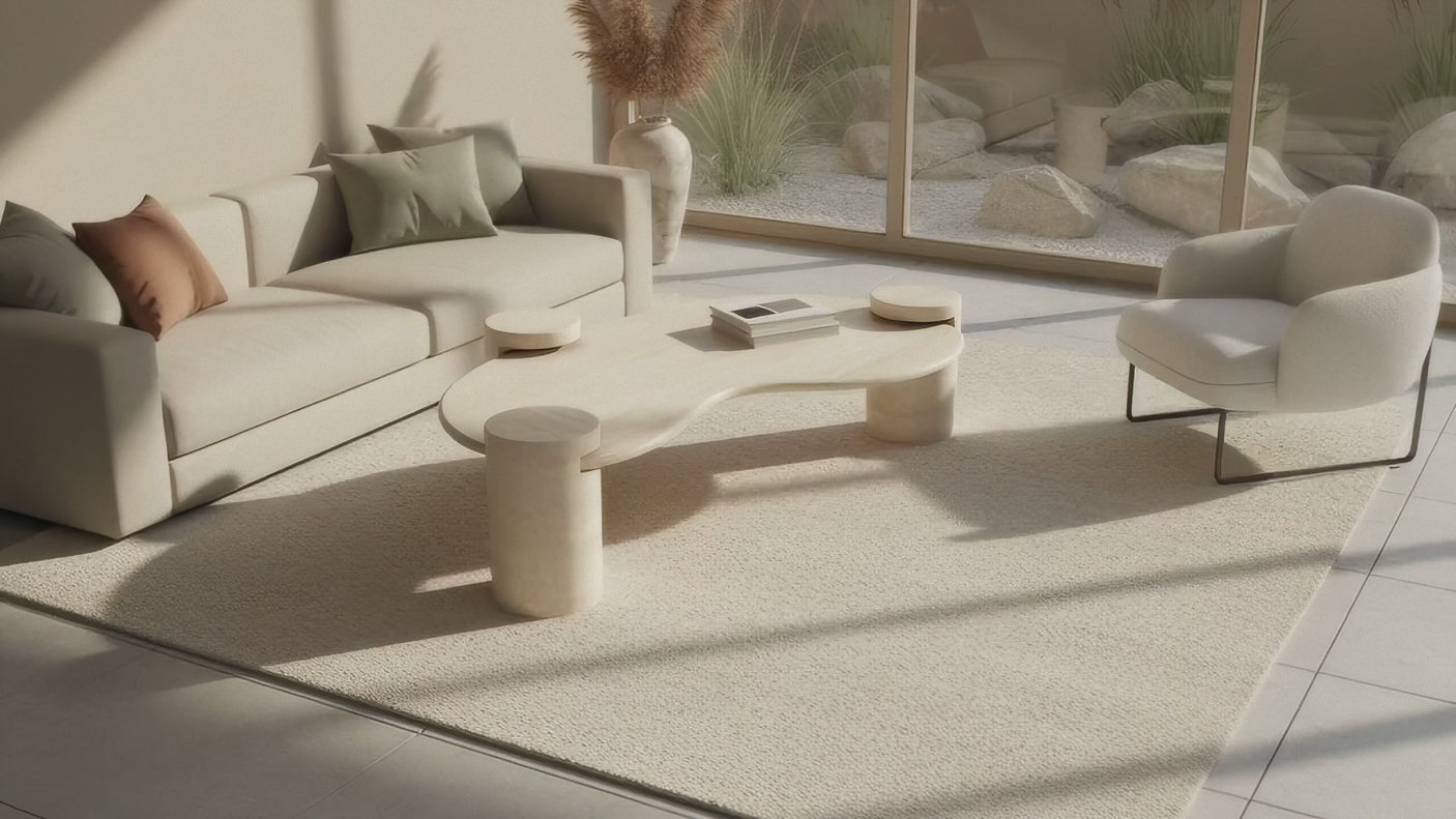 Wavy Travertine Coffee Table with Cylindrical Base