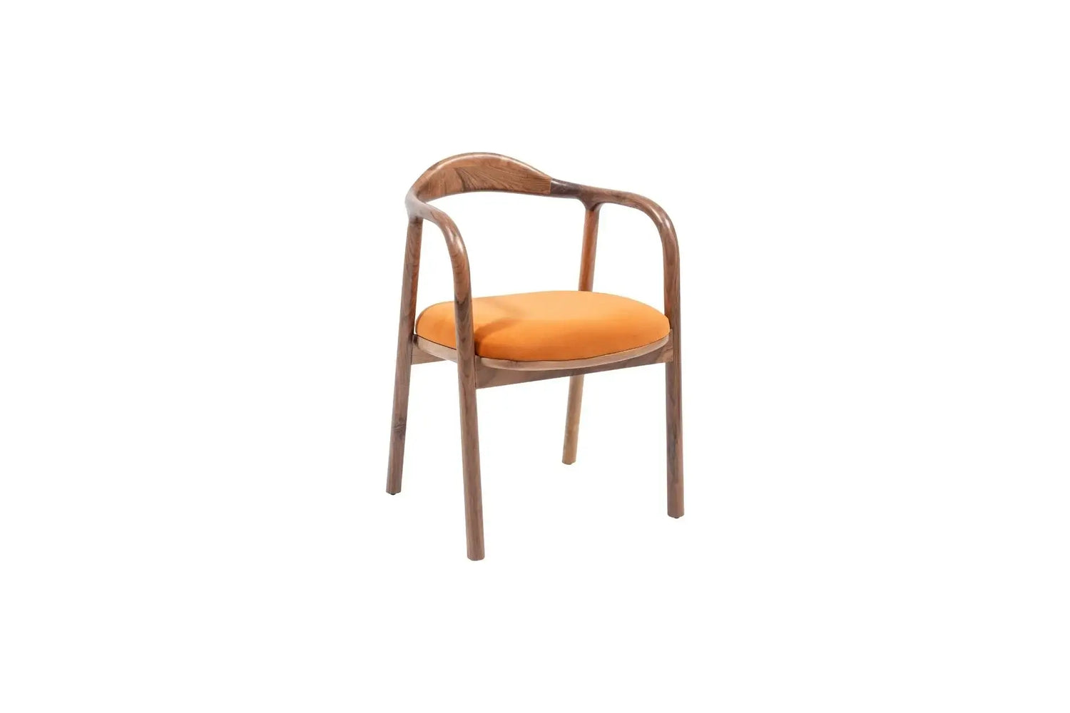 Travertables Contemporary Curve Armchair features a sleek modern design with a curved wooden frame and armrests. Its vibrant orange cushions stand out against a minimalist white backdrop, offering an eye-catching yet sophisticated aesthetic.