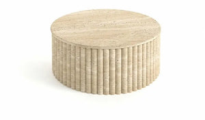 The Alpine Oasis Travertine Coffee Table by Travertable, crafted from solid travertine with vertical grooves and a smooth top, embodies elegance and sophistication for your home decor.