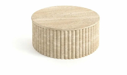 The Alpine Oasis Travertine Coffee Table by Travertable, crafted from solid travertine with vertical grooves and a smooth top, embodies elegance and sophistication for your home decor.