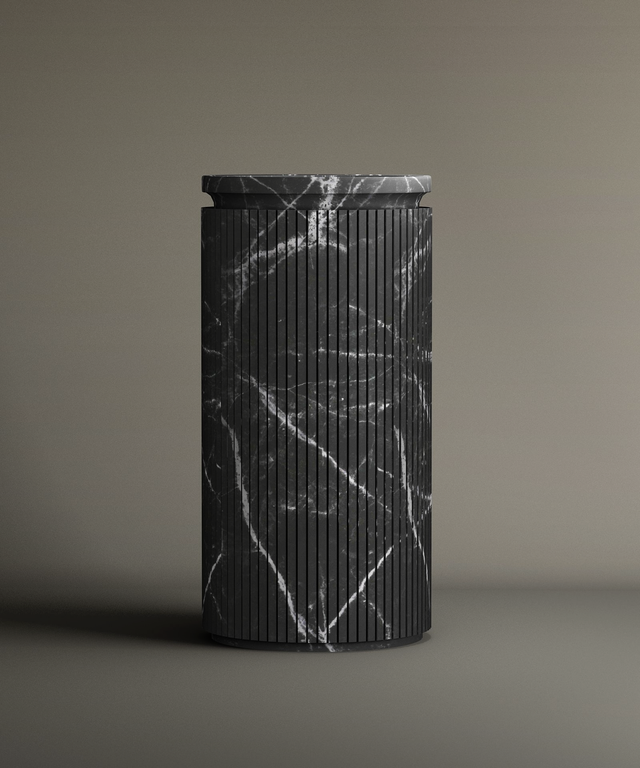 The TRAVERTABLE Nero Marquina Round Marble Pedestal Vanity Sink, featuring vertical grooves and white veining, stands upright with a matching flat lid on a neutral background—ideal for stylish bathroom design.