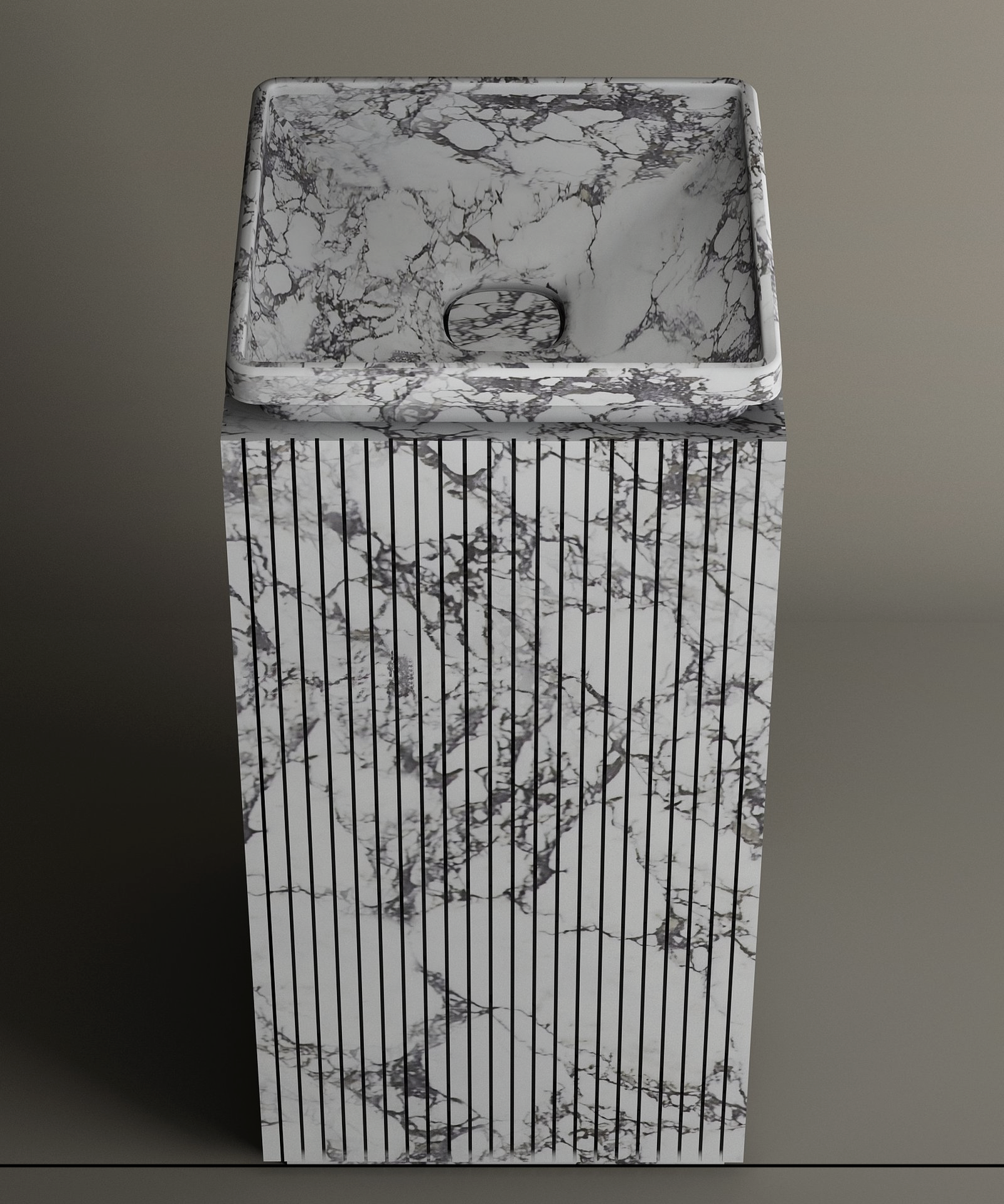 The TRAVERTABLE Calacatta Square Marble Pedestal Vanity Sink features a freestanding design with a Calacatta marble pattern, vertical pedestal grooves, and a smooth, sloped basin—ideal for modern bathrooms against neutral backgrounds.