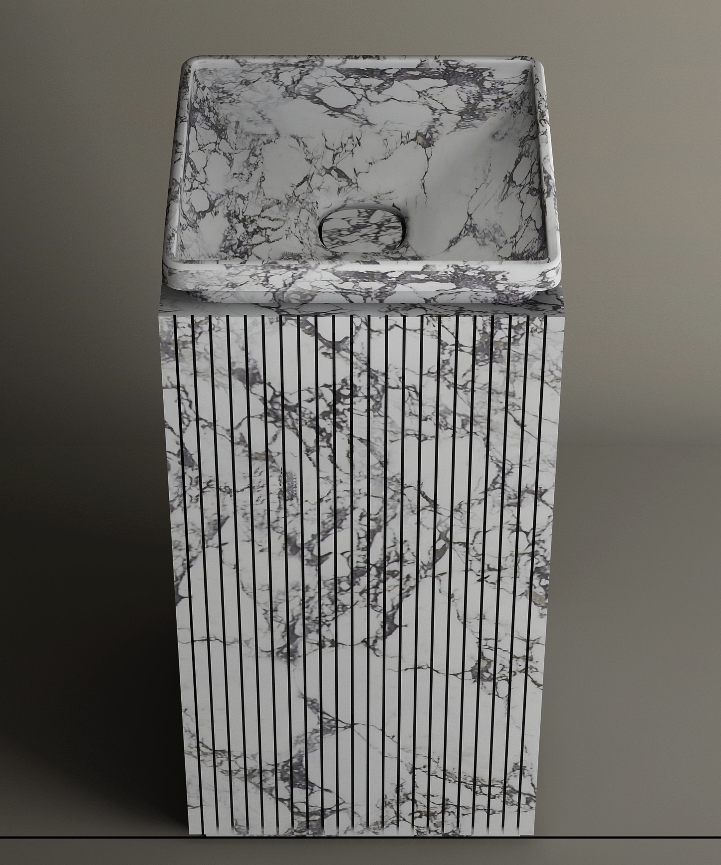 The TRAVERTABLE Calacatta Square Marble Pedestal Vanity Sink features a freestanding design with a Calacatta marble pattern, vertical pedestal grooves, and a smooth, sloped basin—ideal for modern bathrooms against neutral backgrounds.